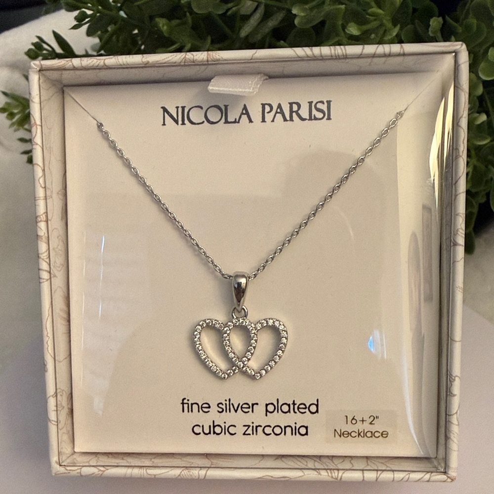 Classic elegant Fine Silver plated Cubic Zirconia Double Heart Women’s Necklace